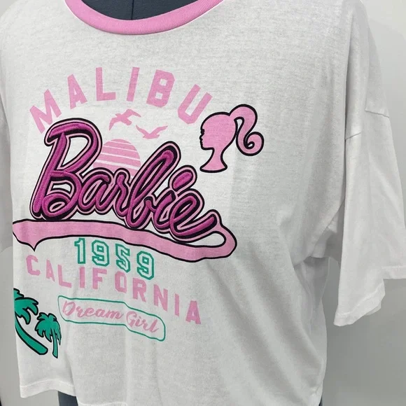 BARBIE  Barbie 1959 White AND PINK  Graphic T-Shirt WOMENS SIZE XL CROP - Picture 2 of 7